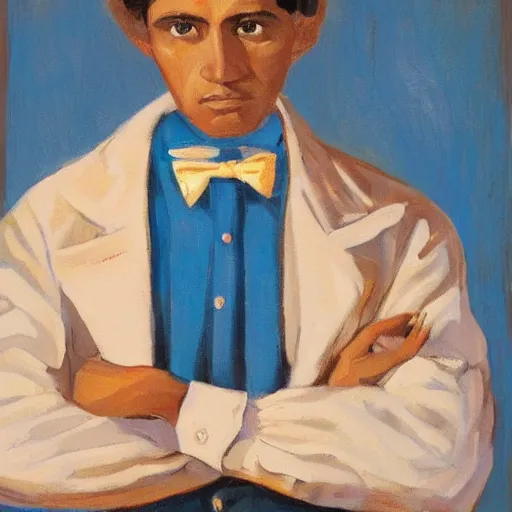 Prompt: A painter. A man, maybe in his mid-thirties. His skin tone is tanned and his hair is cut short. He appears to be some sort of artist, probably a painter. He is wearing a blue jacket, white dress shirt, and blue plaid bow tie. His pants are brown and he has a belt around his waist.