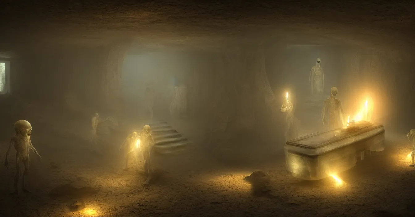 Prompt: funeral of young translucent alien, in ancient church, with body in a transparent coffin, aliens stay around, volumetric light, dark atmosphere, dramatic view, depth, defocus, strong ambient occlusion, raytracing, raymarching, from movie by ilm, digital domain, weta digital