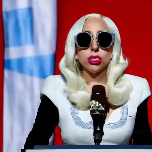 Image similar to Lady Gaga as president, Argentina presidential rally, Argentine flags behind, bokeh, giving a speech, detailed face, Argentina