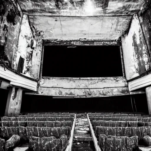 Image similar to a picture of a large abandoned theatre, it is a ruin, there are two male silhouettes, 50 mm, beautiful photograph