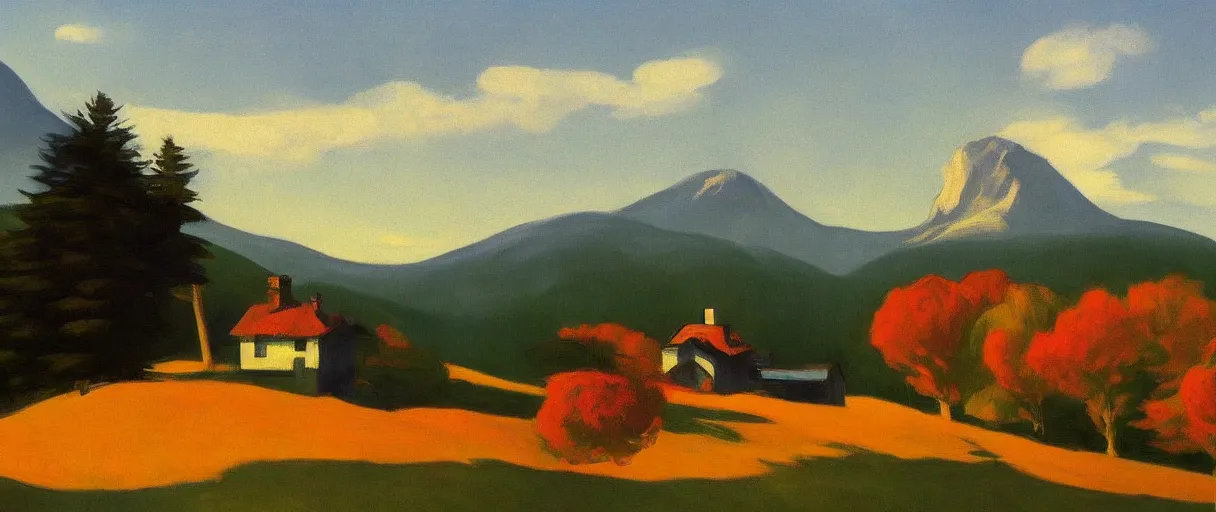 Image similar to an alpine landscape with a cottage, smokey chimney, fall, by edward hopper, new artstation artist,