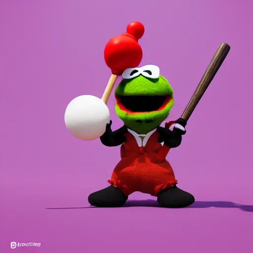 Prompt: evil muppet holding a spiky baseball bat, 3d render, sanrio, parody, behance, HD render, unity, cinematic Trending on artstation.