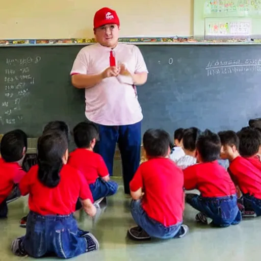 Image similar to fat kazakh guy in a red baseball cap teaching kids in school