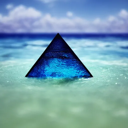 Image similar to water artwork manipulation inside the shape of a triangle on the ocean water, ray tracing, realistic water, focus, long shot, 8 k resolution, cinematic, water art photoshop