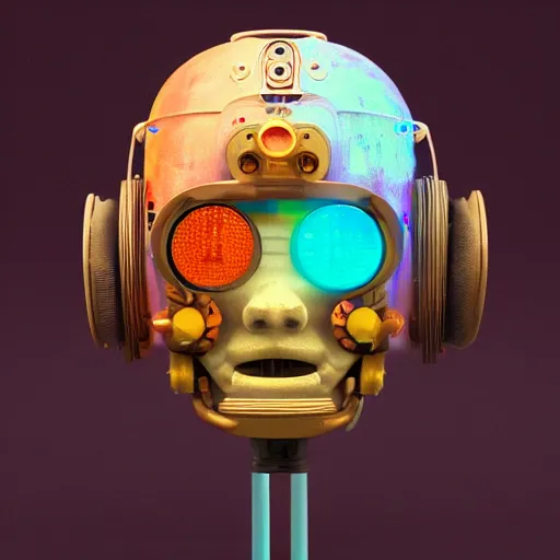 Image similar to a claymodel of a dieselpunk rococo spaced out robot head wearing multicolored wires and headphone, 8 k, front view, symetrical, flourescent colors, halluzinogenic, multicolored, exaggerated detailed, front shot, 3 d render, octane