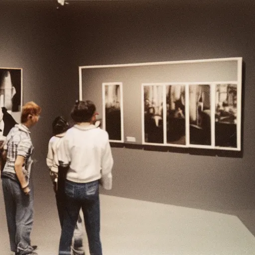 Image similar to wide - shot low - angle photo of visitors in museum looking at abstract paintings, 9 0 - s, polaroid photo