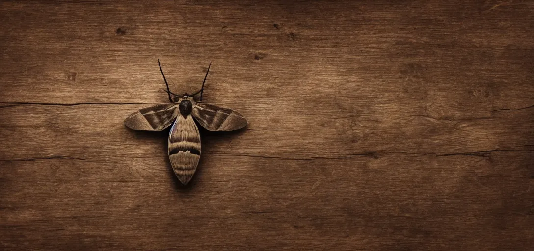 Image similar to moth on a old dark wooden table, matte painting, from above, vintage, dusty, dust, volumetric lighting, screwdrivers, 8k, 4k, artstation, award winning shot