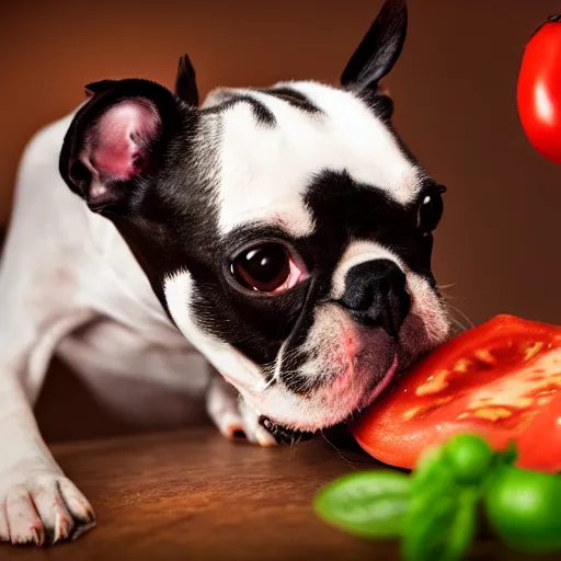 Image similar to boston terrier with a beard eating tomato's with cheese, photorealistic, high detail, 8 k resolution