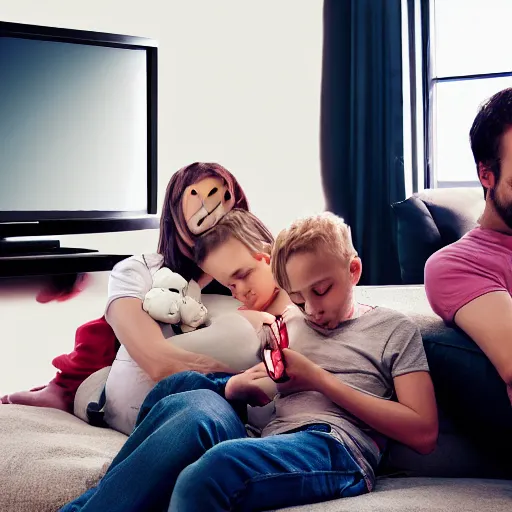 Image similar to actors mask family watching tv, britt marling style 3 / 4, 8 k, sharp focus, soft light, volumetric lighting, highly detailed realistic, refined, artstation