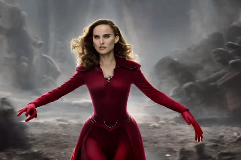 Image similar to film still of Natalie Portman as Wanda Maximoff Scarlett Witch in Multiverse of Madness, 4k