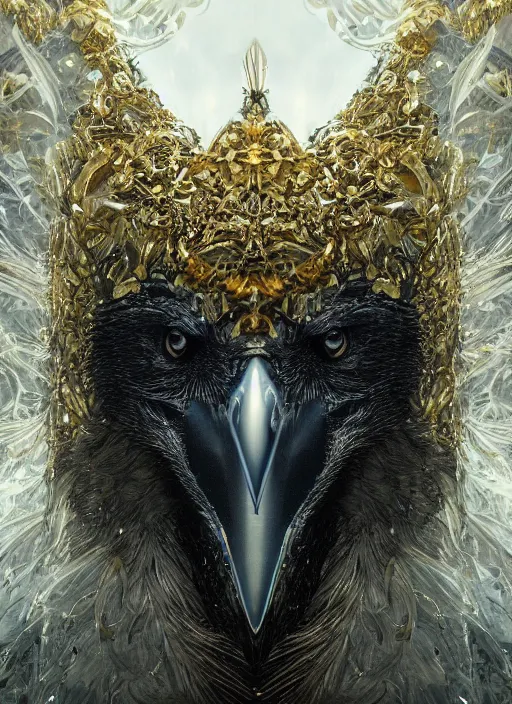 Image similar to best book cover design, glowing silver and golden elements, full close-up portrait of realistic crow with gems, book cover, green forest, white moon, establishing shot, extremly high detail, photo-realistic, cinematic lighting, by Yoshitaka Amano, Ruan Jia, Kentaro Miura, Artgerm, post processed, concept art, artstation, matte painting, style by eddie mendoza, raphael lacoste, alex ross