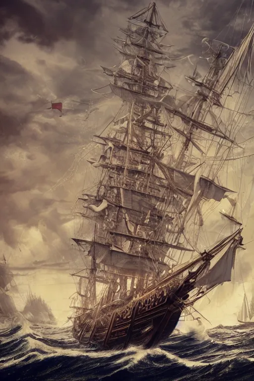 Prompt: A tall ship vessel in heavy waves, hypermaximalistic, high details, cinematic, 8k resolution, beautiful detailed, insanely intricate details, artstation trending, octane render, unreal engine