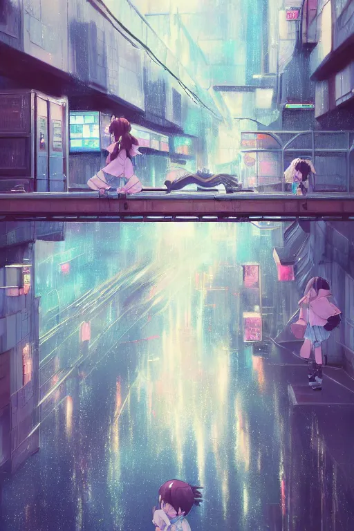 Image similar to 3d ultra realistic anime illustration, two schoolgirls and cat flying on huge japanese elevated subway at rainy night. deep and complex composition. pastel smooth colors. style of Hiro Kiyohara anime. redshift, octane, trending on artstation, cinematic, oil painting