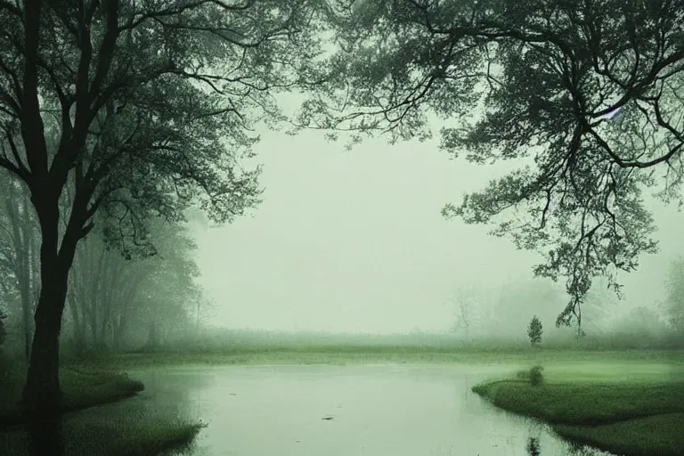 Image similar to a beautiful serene landscape filled with rivers and trees, rainy day, beautiful lighting, high depth, ultra realistic, artistic, by annie leibovitz