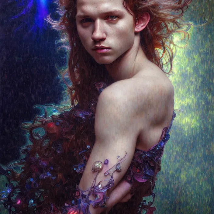 Prompt: psychedelic rainfall Tom Holland, diffuse lighting, fantasy, intricate, elegant, highly detailed, lifelike, photorealistic, digital painting, artstation, illustration, concept art, smooth, sharp focus, art by John Collier and Albert Aublet and Krenz Cushart and Artem Demura and Alphonse Mucha