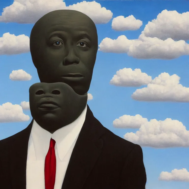 Prompt: portrait of a faceless black - head man in a suit, clouds in the background, by rene magritte, detailed painting, distance, centered, hd, hq, high resolution, high detail, 4 k, 8 k