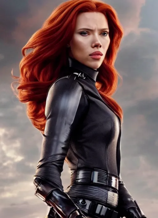 Image similar to scarlett johanson portraying a beautiful mara jade from star wars legends, in a black suit, without lightsaber, movie, hyper realistic, hollywood promotional image, imax, 8 k