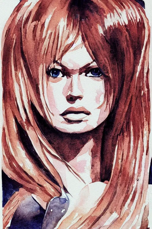 Image similar to Brigitte Bardot by Otomo Katsuhiro, character art, watercolour