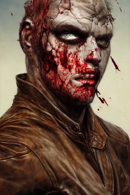 Image similar to a man with a black eye and bloody face wearing a brown leather jacket with a white fur collar. art by tomasz alen kopera and glenn fabry.