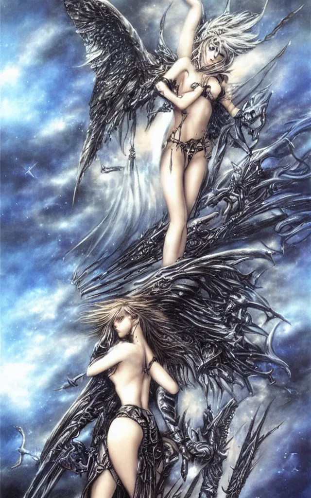 Image similar to sky heavy metal airbrush fantasy 80s by luis royo, masterpiece