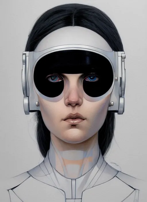 Image similar to artwork by james jean and Phil noto; a close up on the face of a beautiful woman in a future space suit; wearing futuristic astronaut helmet; highly detailed; pretty eyes; circular black pupils; artwork by james jean and Phil noto