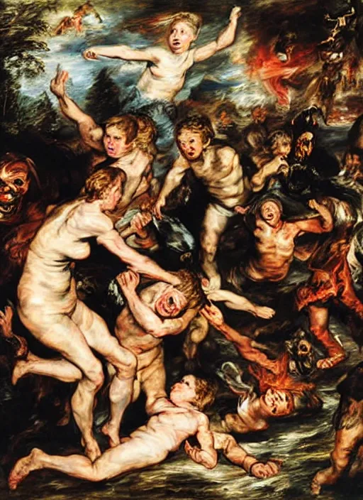 Prompt: adventure playground accident, adventure playground accident, adventure playground accident, adventure playground accident, adventure playground accident, adventure playground accident, oil on canvas by peter paul rubens. style fall of the damned by peter paul rubens