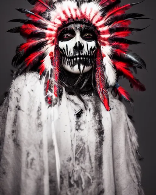 Image similar to the ghost - spirit of the grim - warpaint wears the scarlet skull armor and native blood headdress feathers, midnight fog - mist!, cinematic lighting, various refining methods, micro macro autofocus, ultra definition, award winning photo