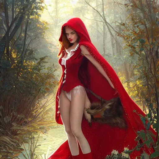 Prompt: ultra realistic illustration, bella thorne as little red riding hood, intricate, elegant, highly detailed, digital painting, artstation, concept art, smooth, sharp focus, illustration, art by artgerm and greg rutkowski and alphonse mucha