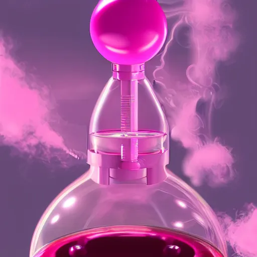 Image similar to Pink Vapor Inhalation Machine Connected to a Spherical Bottle of Pink Liquid by a Tube, Pink Vapor Leaking from an Oxygen Mask, fantasy, magic, ultra detailed, digital art, trending on artstation, illustration, laboratory-H 768