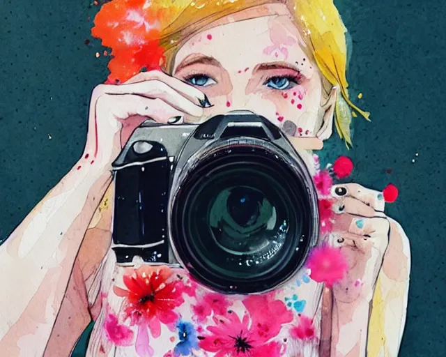 Image similar to pale young woman with bright blonde hair, freckles, bright eyes and a wide face, flowery dress, she is holding a professional dslr camera close to her face with her hands, expressive, emotional watercolor art by conrad roset