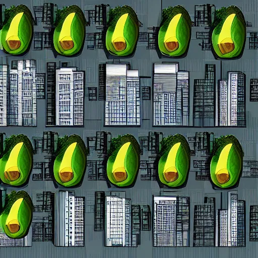 Prompt: a city\'s buildings are all in the shape of avocados,artstation