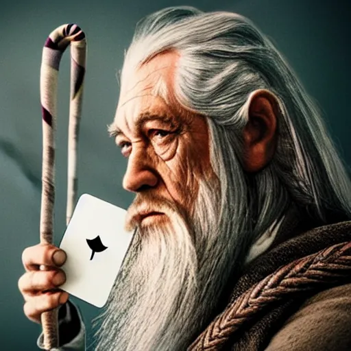 Image similar to portrait of gandalf, Hello Kitty headgear, holding a blank playing card up to the camera, movie still from the lord of the rings