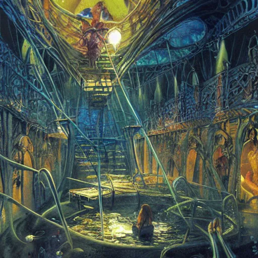 Prompt: spaghetti waterpark painting by brain froud, charles vess, cinematic lighting, epic composition, highly detailed