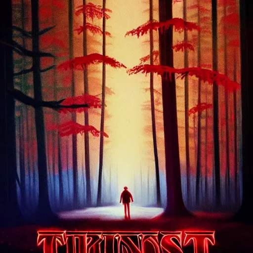 Image similar to Painting of forest in the upside down in stranger things