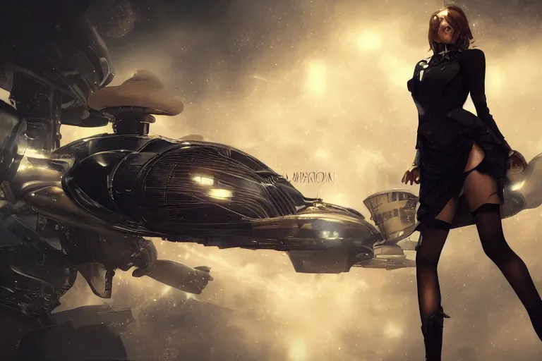 Prompt: a woman in a black dress and thigh highs in a steampunk spaceship, digital art, beautiful lighting, by wlop, by yoshitaka amano, octane render, composition, beautiful face, expressive oil painting, steampunk, 4 k