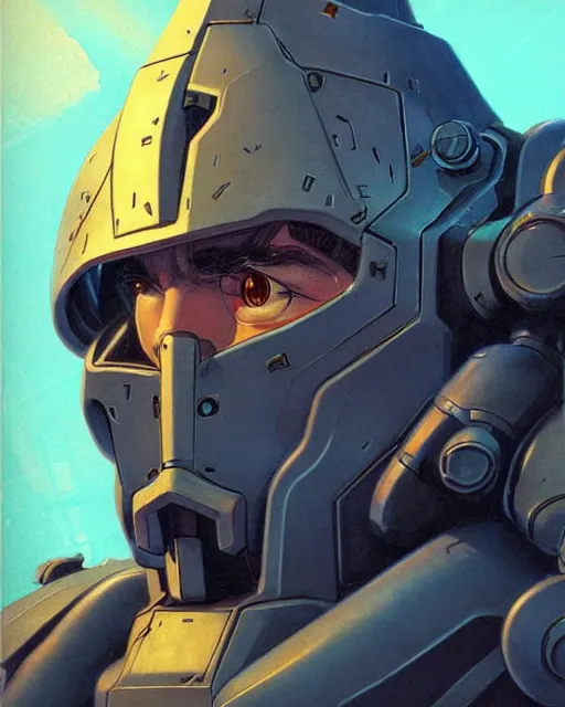 Image similar to reinhardt from overwatch, character portrait, portrait, close up, concept art, intricate details, highly detailed, vintage sci - fi poster, retro future, in the style of chris foss, rodger dean, moebius, michael whelan, and gustave dore