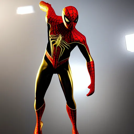 Image similar to gold spider - man suit with black web lining, cinematic, volumetric lighting, realistic, hyperdetailed, photorealistic, photograph