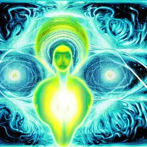 Prompt: consciousness emerging, gaia human and digital, solar beings, mechanics of thought and perception, wave function, high resolution