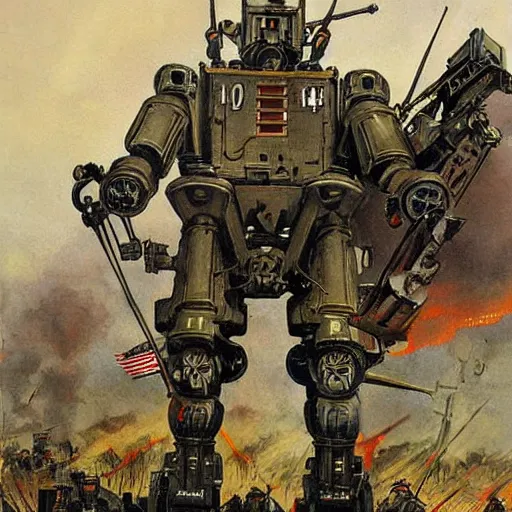 Image similar to wwi deiselpunk american battle mech propaganda art by james gurney