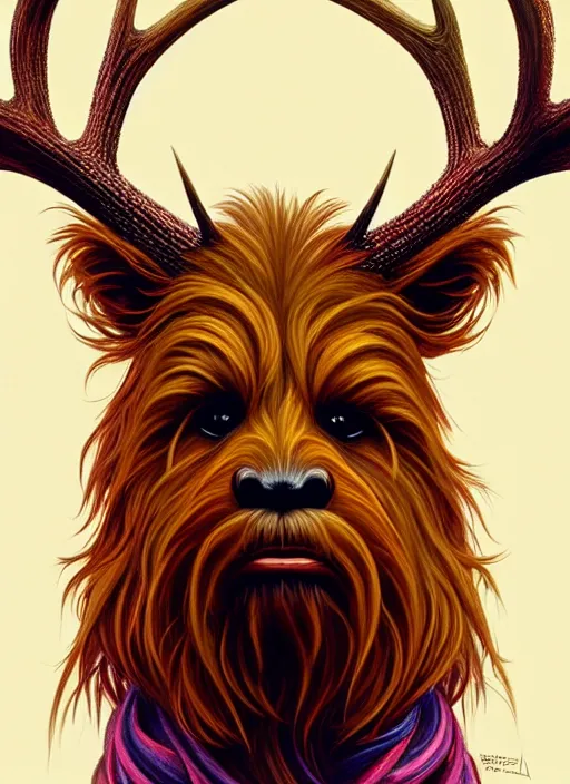 Prompt: symmetry! portrait of antlered chewbacca deer wearing a colorful scarf!, flowers, intricate, elegant, highly detailed, digital painting, artstation, concept art, smooth, sharp focus, illustration, art by artgerm and greg rutkowski and alphonse mucha, 8 k