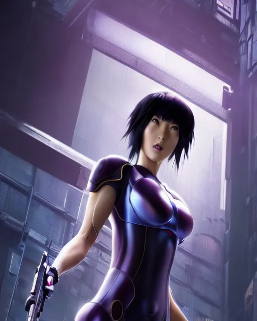 Image similar to weta disney pixar movie still portrait photo of motoko kusanagi the major ghost in the shell : : as cyborg woman by pixar : : by weta, wlop, ilya kuvshinov, rossdraws, artgerm, marvel, maxim cover, latex, octane render, sweaty, iridescent, bright morning, anime, liosh, mucha : :