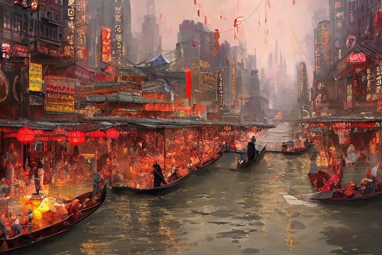 Prompt: a far-future flooded Manhattan Chinatown during a festival at dusk, with paper lanterns, banners, lights, firecrackers, and canal streets with people in gondolas and other boats floating by, sparkling water, low angle, wide angle, beautiful, warm dynamic lighting, atmospheric, cinematic, highly detailed digital art, painted by Tyler Edlin