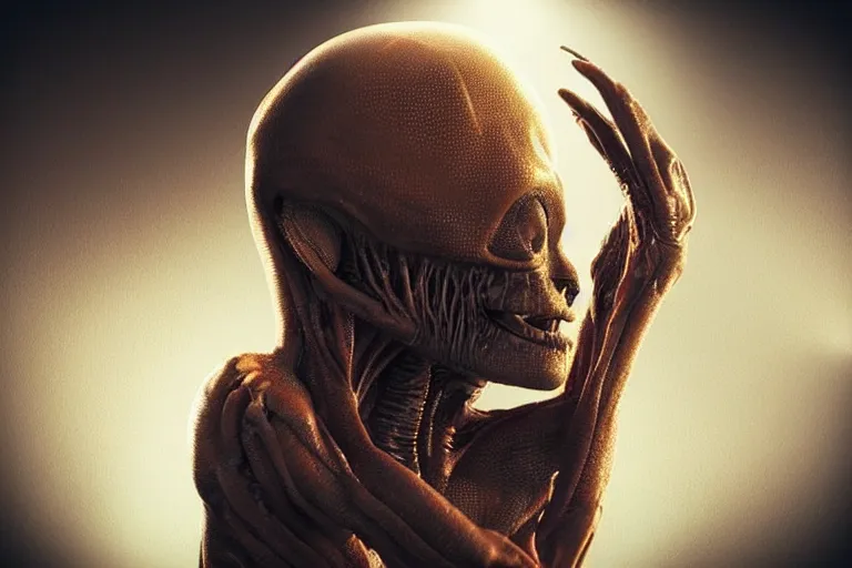 Image similar to “an alien wearing a human skin suit. Photorealistic. Dramatic lighting. Cosmic horror.”