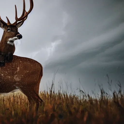 Image similar to 4 k hdr wide angle detailed portrait of a beautiful instagram model woman riding on top of a wild buck deer in a rain shower during a storm with thunder clouds overhead and moody stormy lighting sony a 7