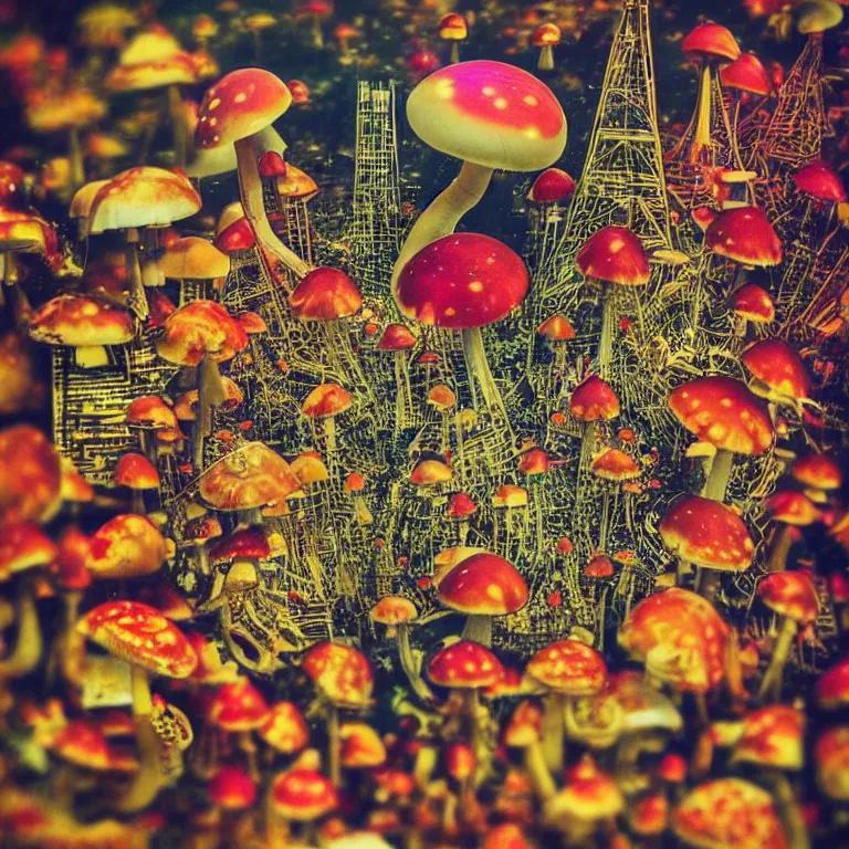 Image similar to double exposure of dally life, symbols of live, explosion, cyber mushroom city, love is the most relevant theme, love is infinity, love is begin of all, 8 k resolution, artistic mode, artistic, trending on instagram, long exposure, love art, serious, fantasy and dreams vibes, mushrooms style and macro style, colorful picture