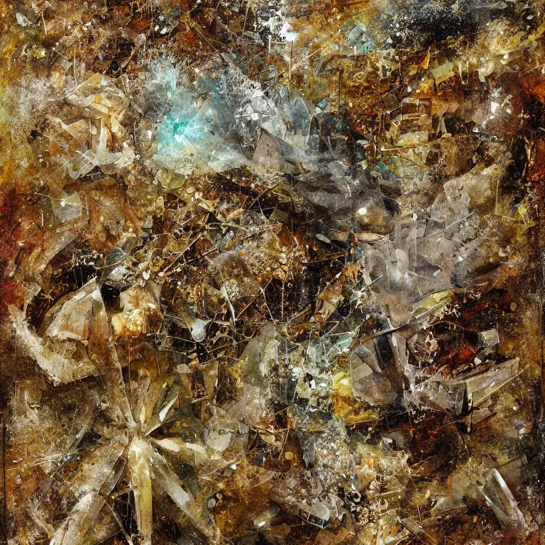 Image similar to the merge, clear crystals embedded, gold trim, faded worn, decay texture, the merge, intricate concept art painting, fantasy, the merge, merge, narrative nature grotesque dark, the merge,