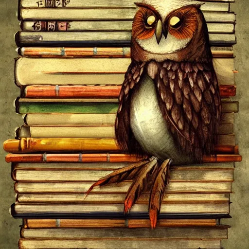 Image similar to long shot of a very cute plushy owl with closed eyes sitting on a pile of antique books, by esao andrews, by james jean, humorous illustration, hyperrealistic, big depth of field, fresh colors, dim light, 3 d octane render conceptart, 4 k, hyperdetailed, trending on artstation