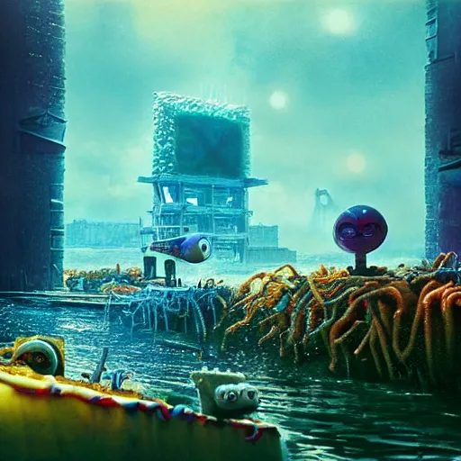 Prompt: dystopian nightmare spongebob, epic, cinematic shot, 8k, by Bruce Pennington, sharp focus, highly detailed, saturated