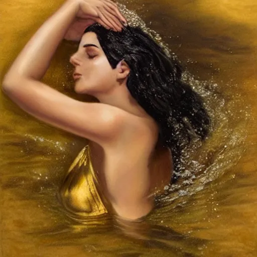 Image similar to photorealistic portrait of a beautiful brunette drowning into black waters with a golden dress