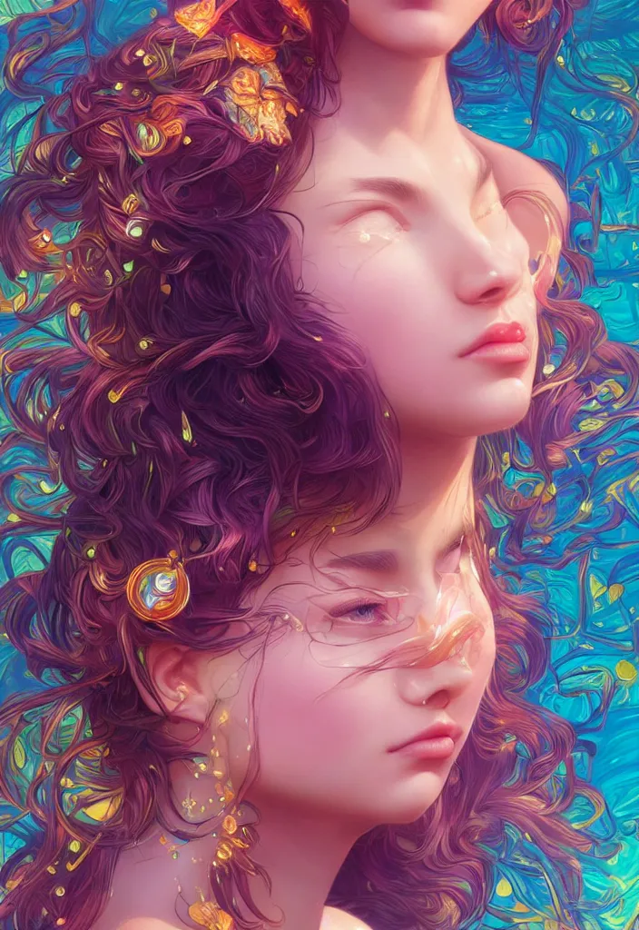 Image similar to beautiful, young woman, detailed gorgeous face, vaporwave aesthetic, synthwave, colorful, psychedelic, water droplets, feathers, crown, artstation, concept art, smooth, extremely sharp detail, finely tuned detail, ultra high definition, 8 k, unreal engine 5, ultra sharp focus, illustration, art by artgerm and greg rutkowski and alphonse mucha